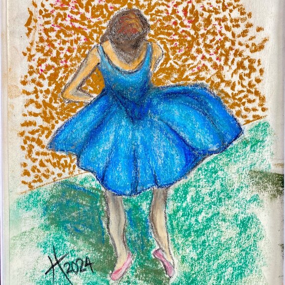 Blue Ballerina Original Handmade Soft Pastel Painting 11x14in Matted Frame Ready - Picture 1 of 9